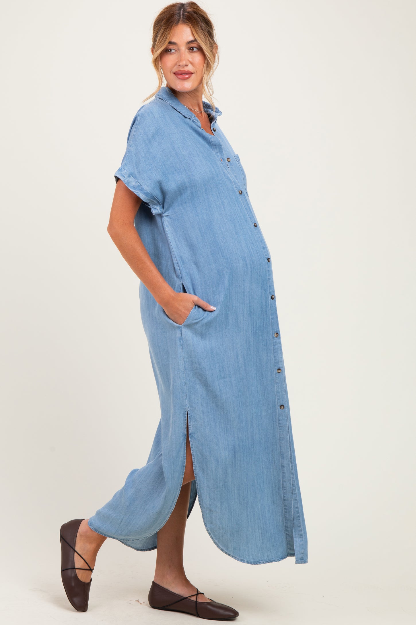 Light Blue Chambray Button Down Maternity Shirt Dress