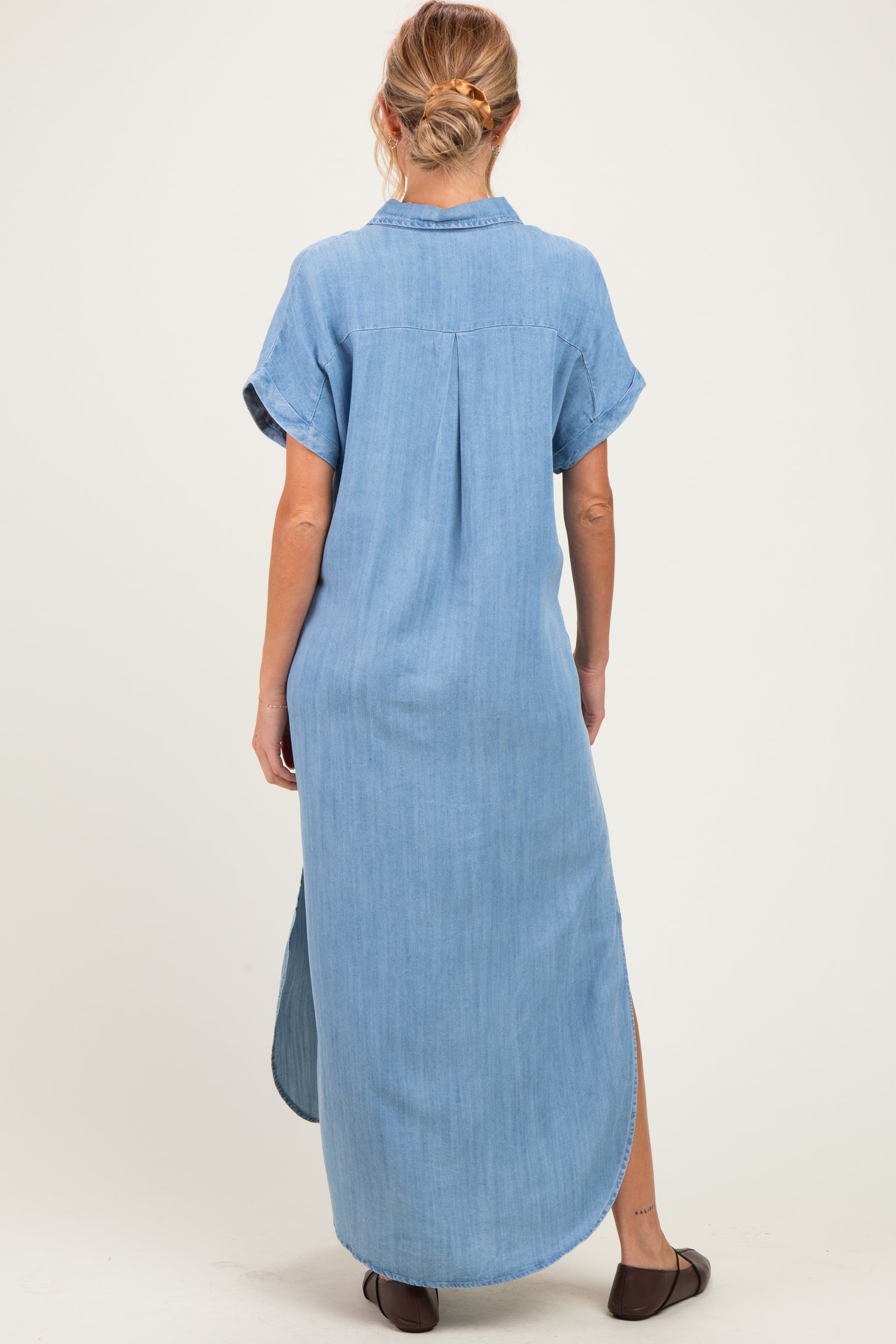 Light Blue Chambray Button Down Maternity Shirt Dress