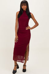 Burgundy Mock Neck Ruched Mesh Maternity Midi Dress