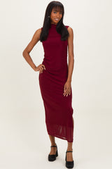 Burgundy Mock Neck Ruched Mesh Midi Dress
