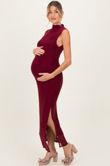 Burgundy Mock Neck Ruched Mesh Maternity Midi Dress