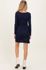 Navy Ribbed Long Sleeve Ruched Tulip Skirt Maternity Dress