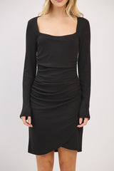 Black Ribbed Long Sleeve Ruched Tulip Skirt Dress