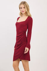 Burgundy Ribbed Long Sleeve Ruched Tulip Skirt Dress