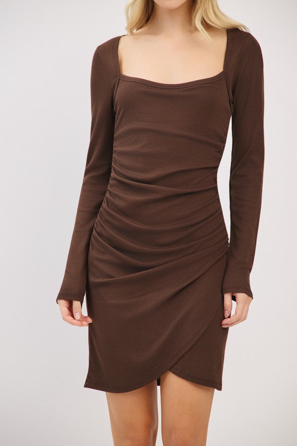Brown Ribbed Long Sleeve Ruched Tulip Skirt Dress