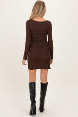 Brown Ribbed Long Sleeve Ruched Tulip Skirt Maternity Dress