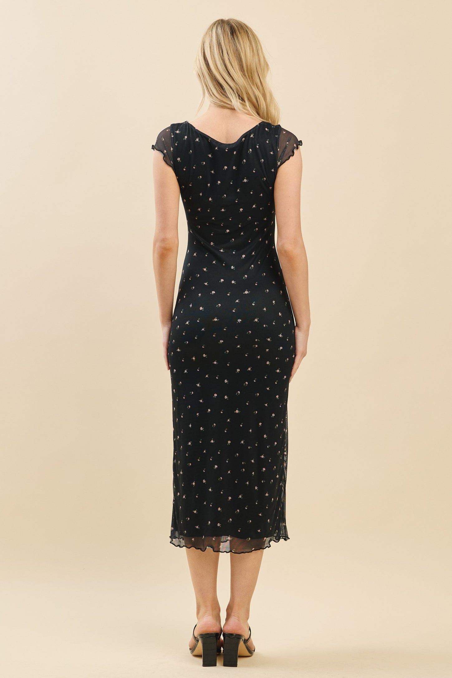 Black Floral Mesh Front Tie Cutout Midi Dress