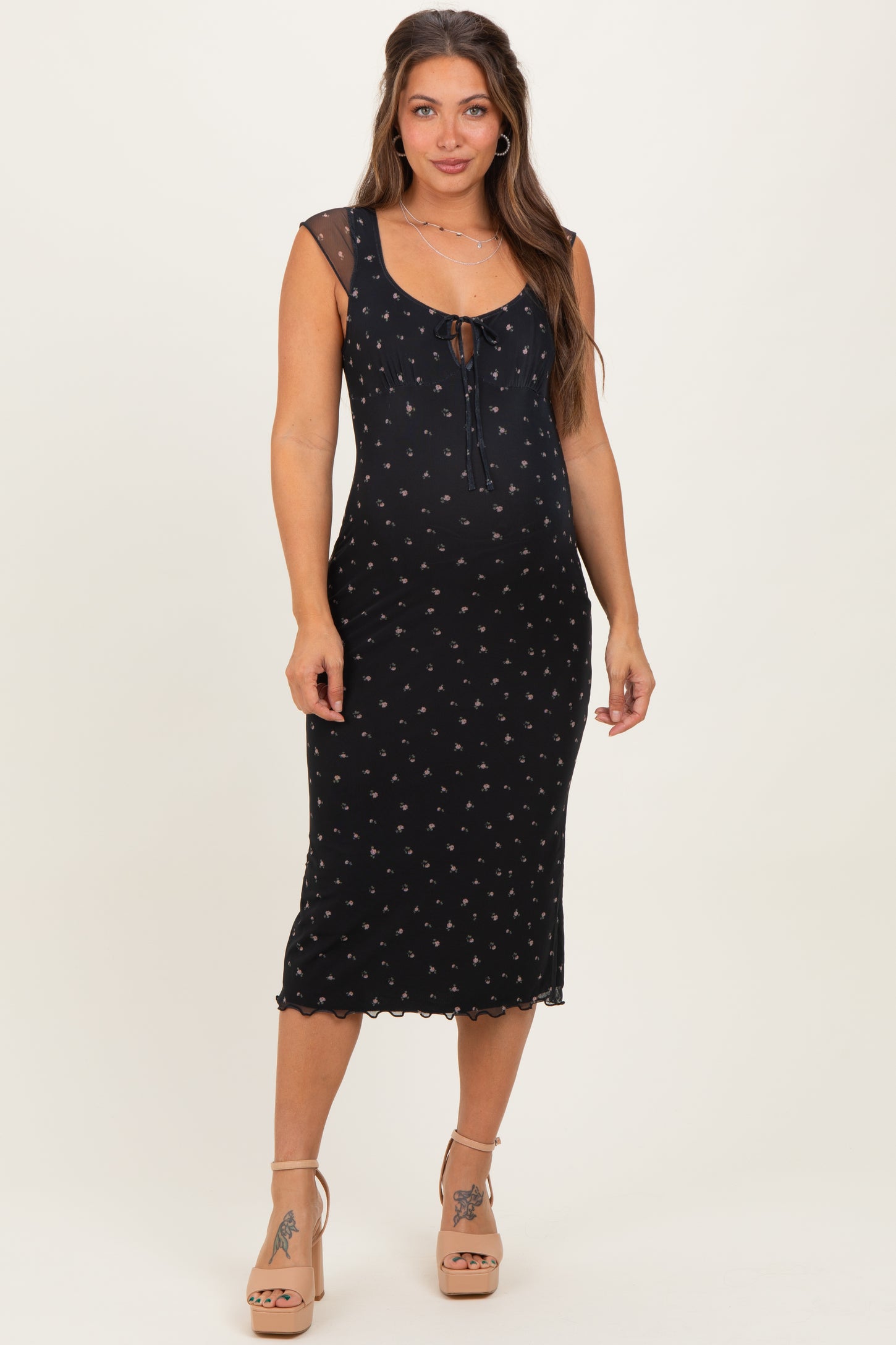 Black Floral Mesh Front Tie Cutout Maternity Midi Dress