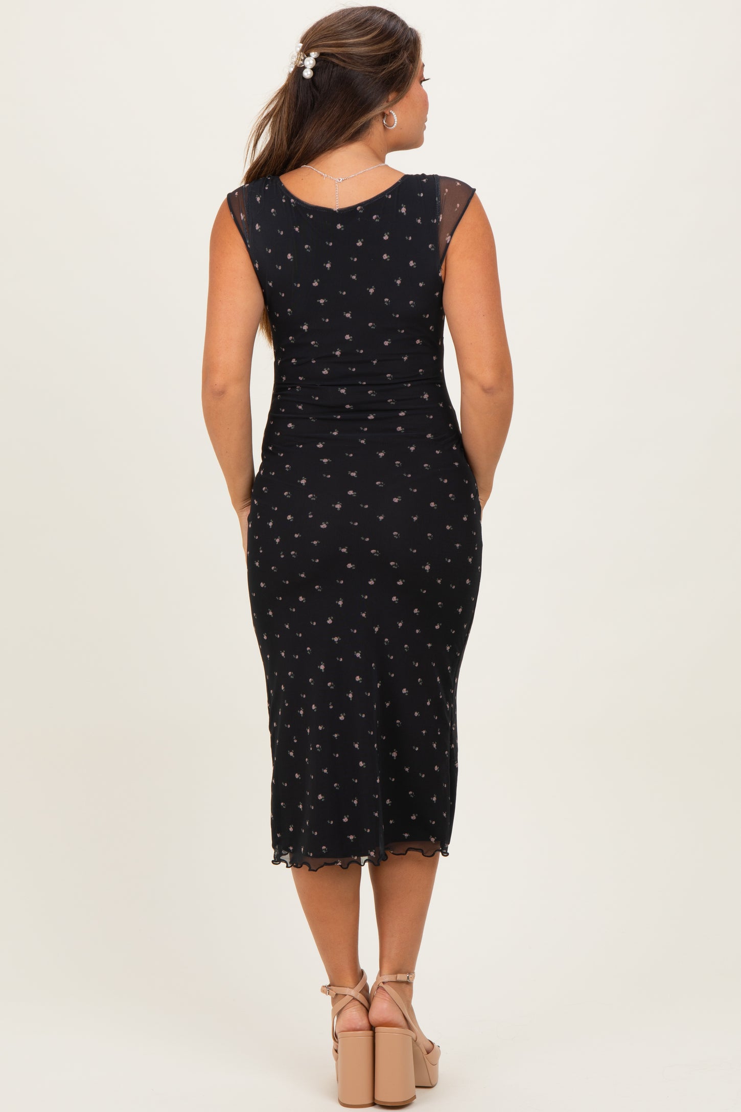 Black Floral Mesh Front Tie Cutout Maternity Midi Dress