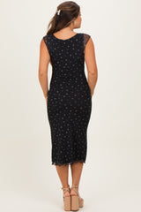 Black Floral Mesh Front Tie Cutout Maternity Midi Dress