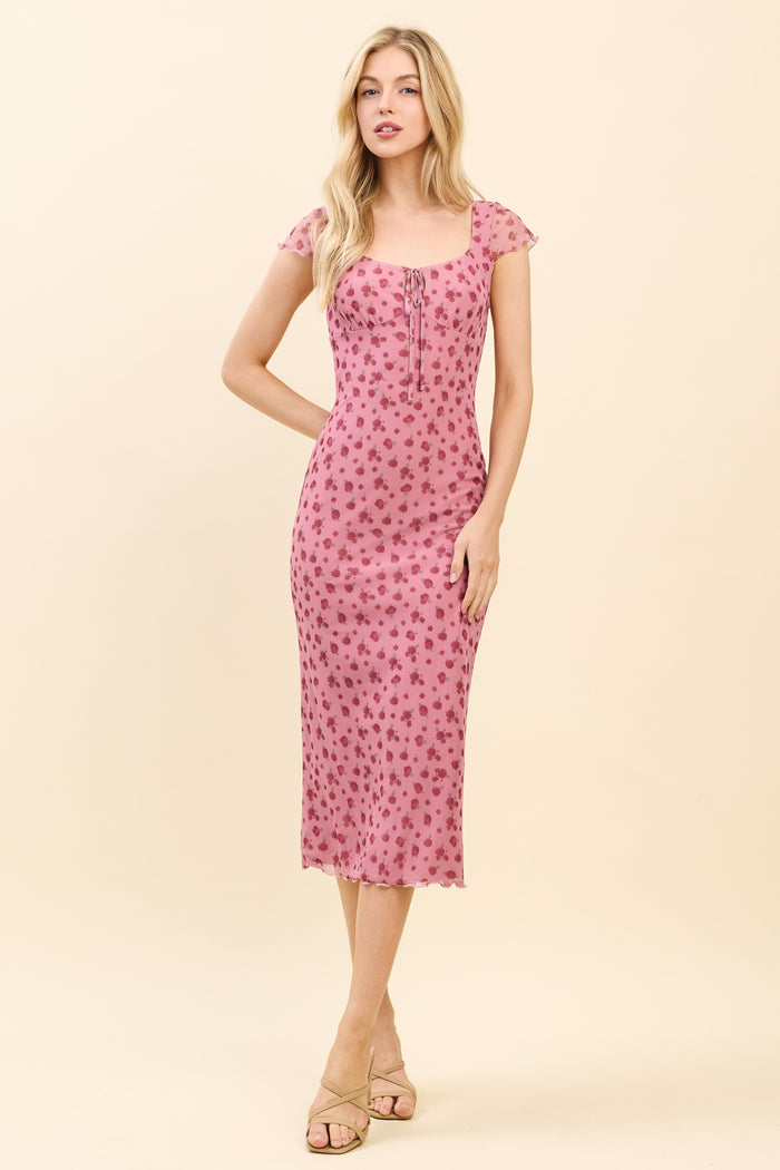 Pink Floral Mesh Front Tie Cutout Midi Dress