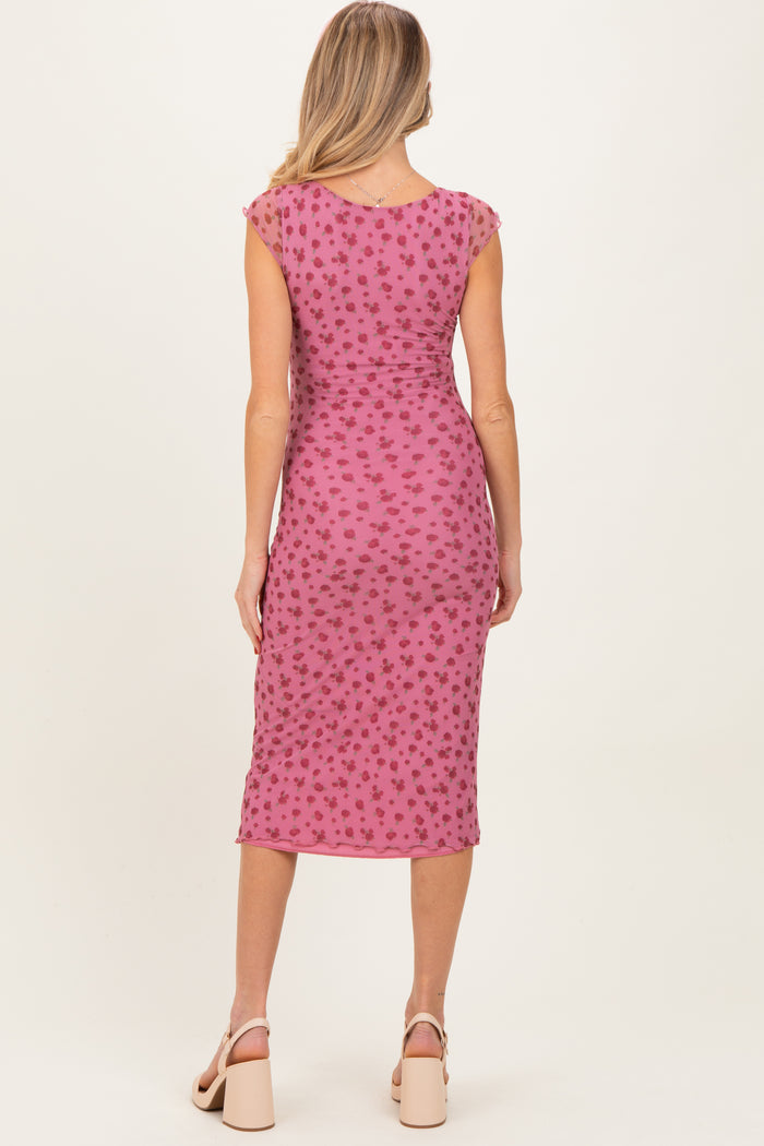 Pink Floral Mesh Front Tie Cutout Maternity Midi Dress