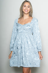 Light Blue Damask Jacquard Long Sleeve Maternity Dress
