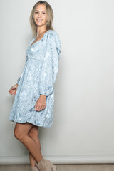 Light Blue Damask Jacquard Long Sleeve Dress