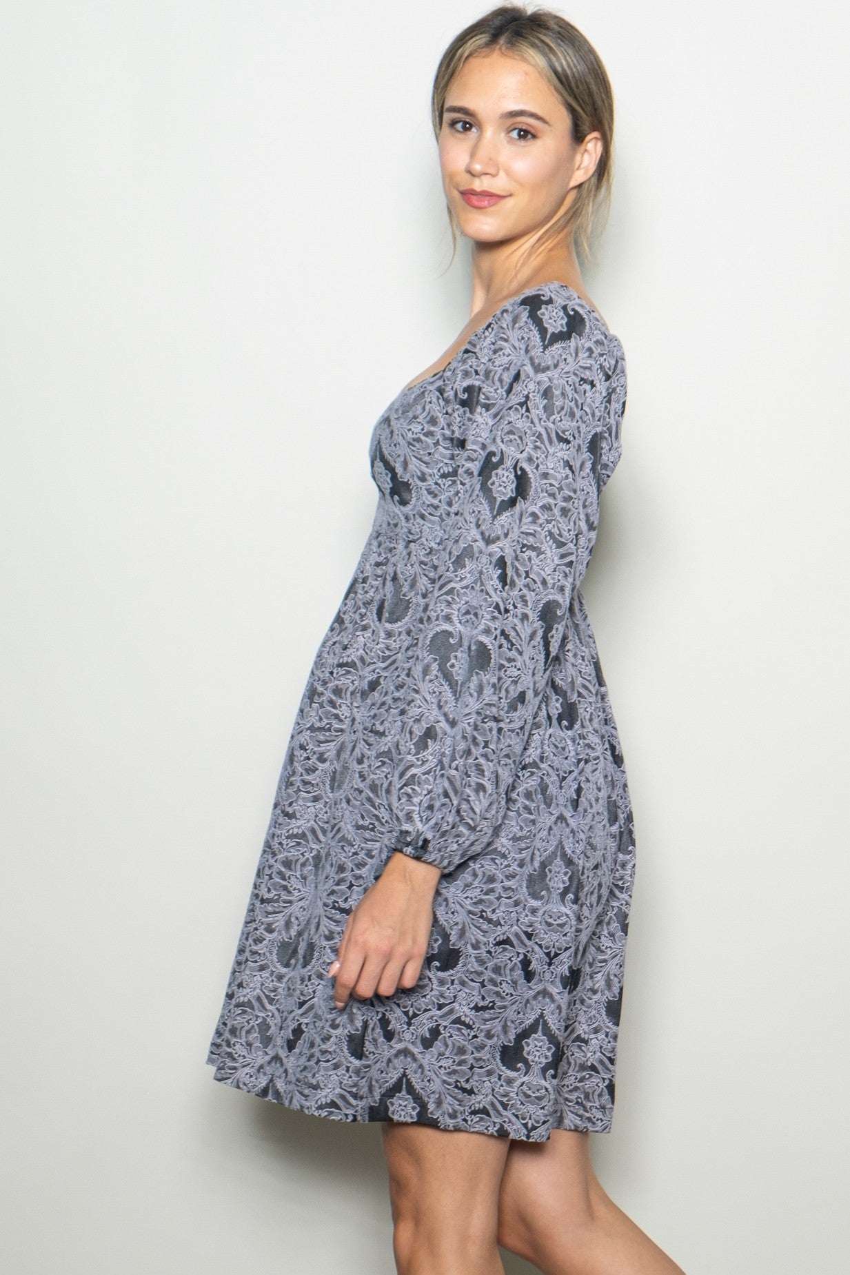 Charcoal Damask Jacquard Long Sleeve Dress