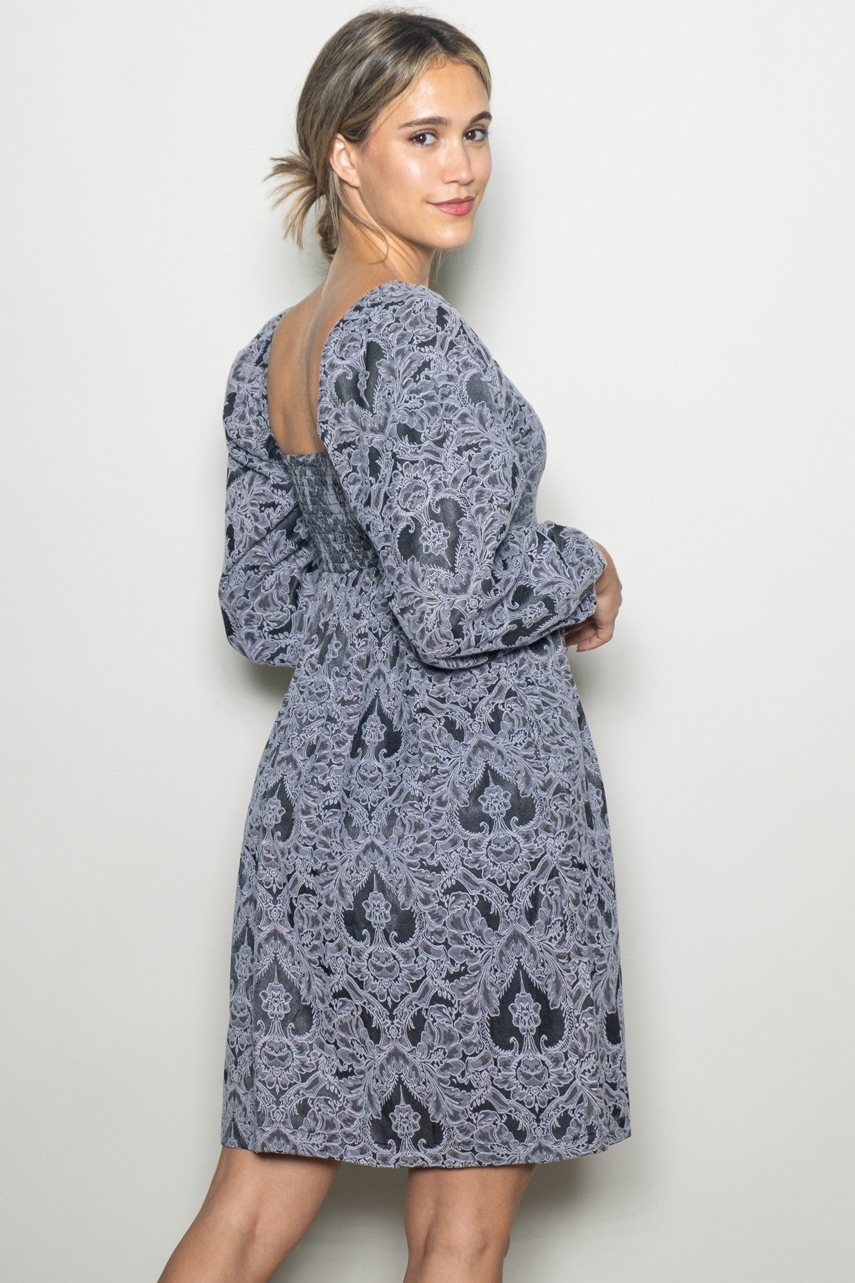 Charcoal Damask Jacquard Long Sleeve Dress