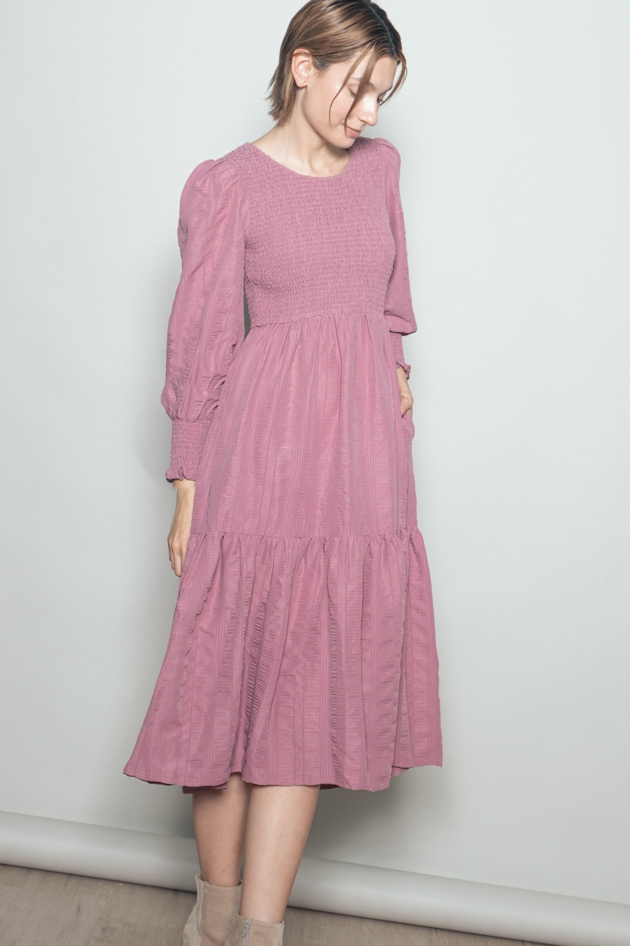 Mauve Textured Stripe Smocked Midi Dress