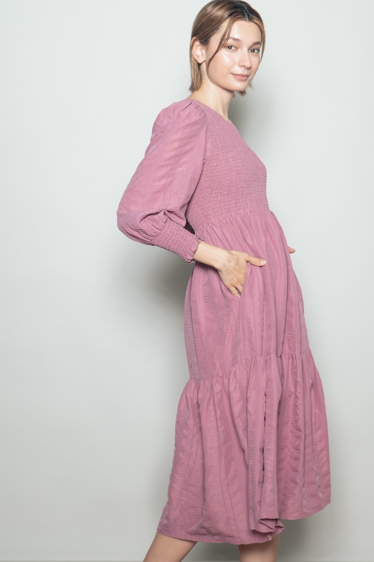 Mauve Textured Stripe Smocked Midi Dress