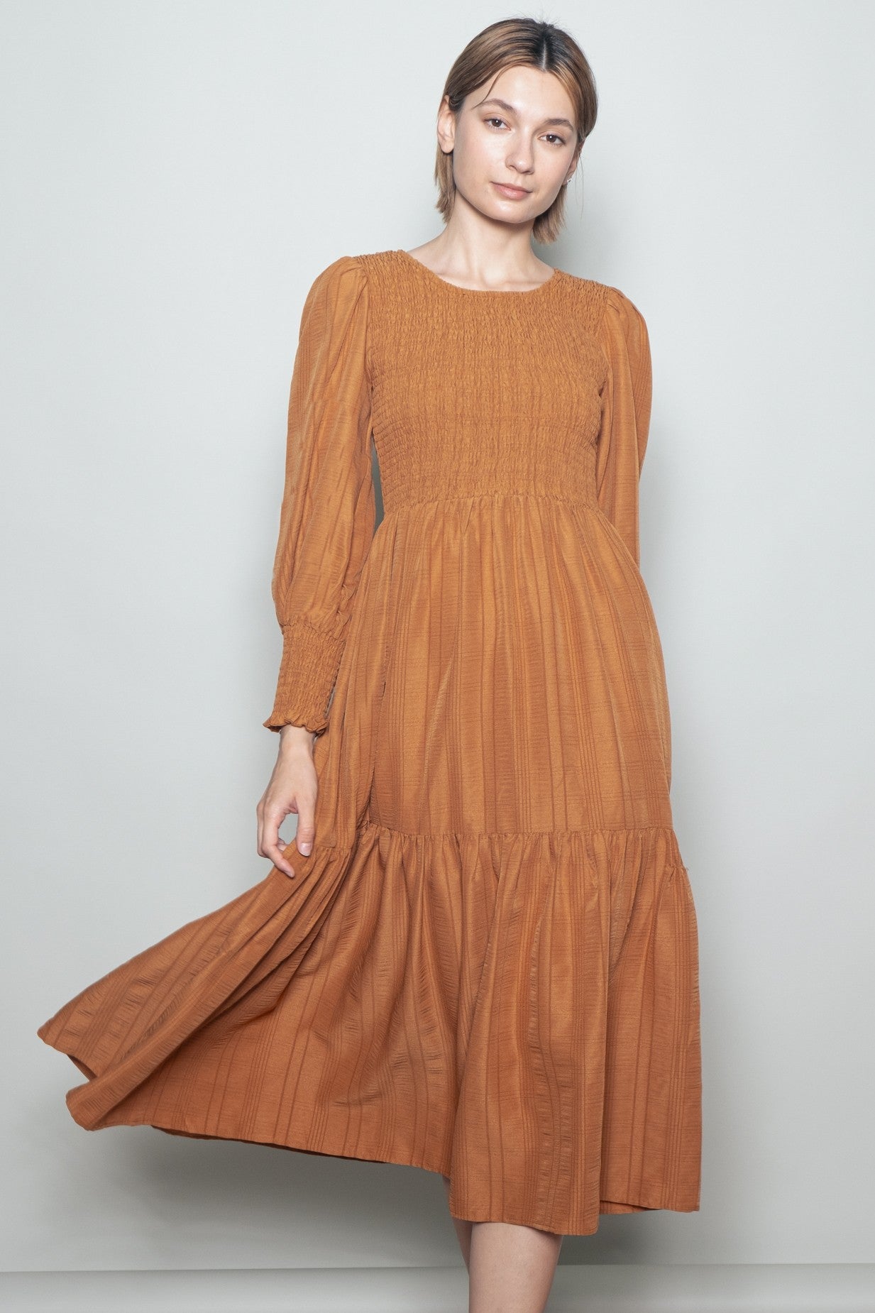 Copper Textured Stripe Smocked Maternity Midi Dress