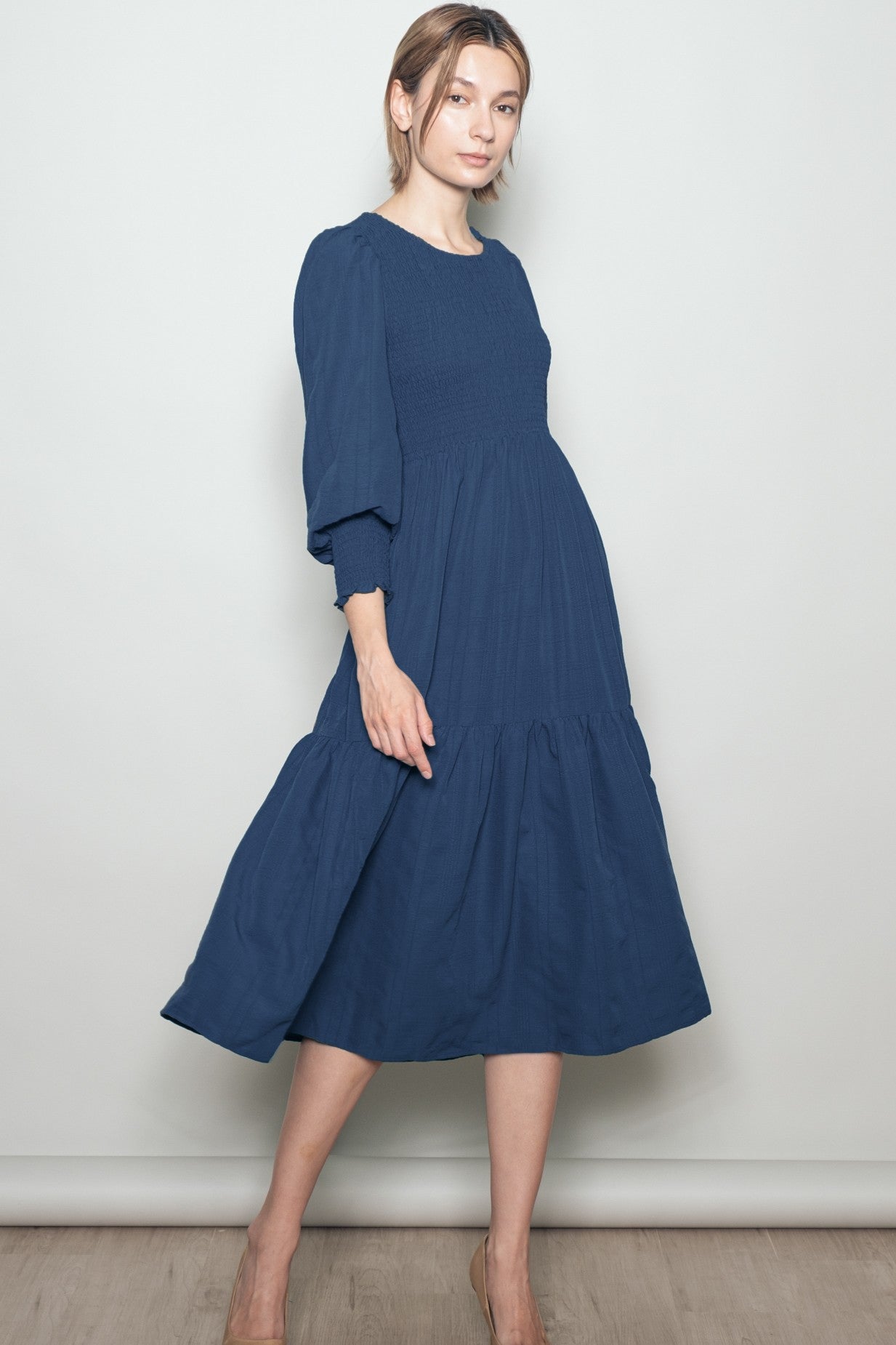 Navy Textured Stripe Smocked Maternity Midi Dress