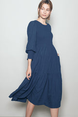 Navy Textured Stripe Smocked Midi Dress