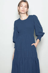Navy Textured Stripe Smocked Midi Dress