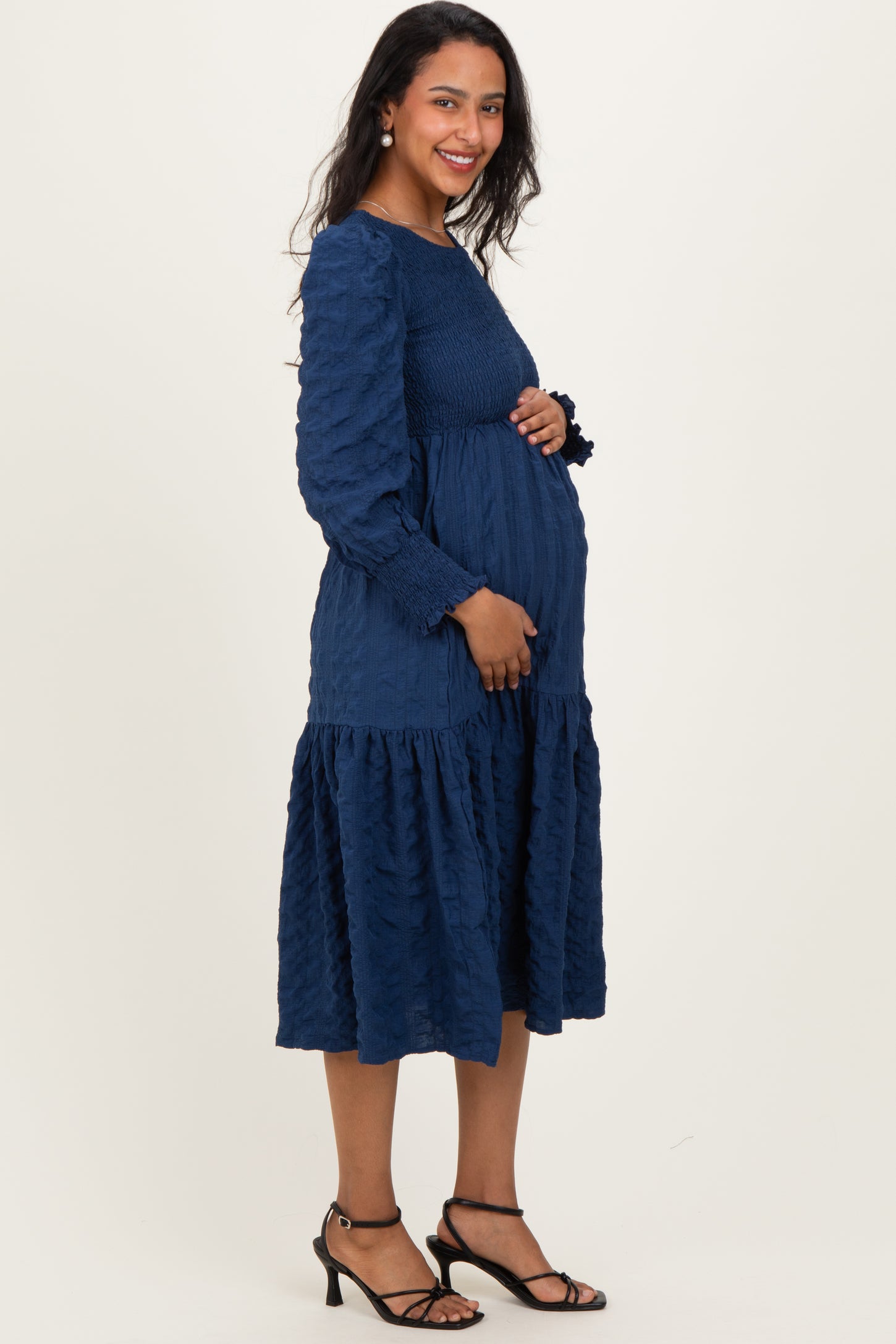 Navy Textured Stripe Smocked Maternity Midi Dress