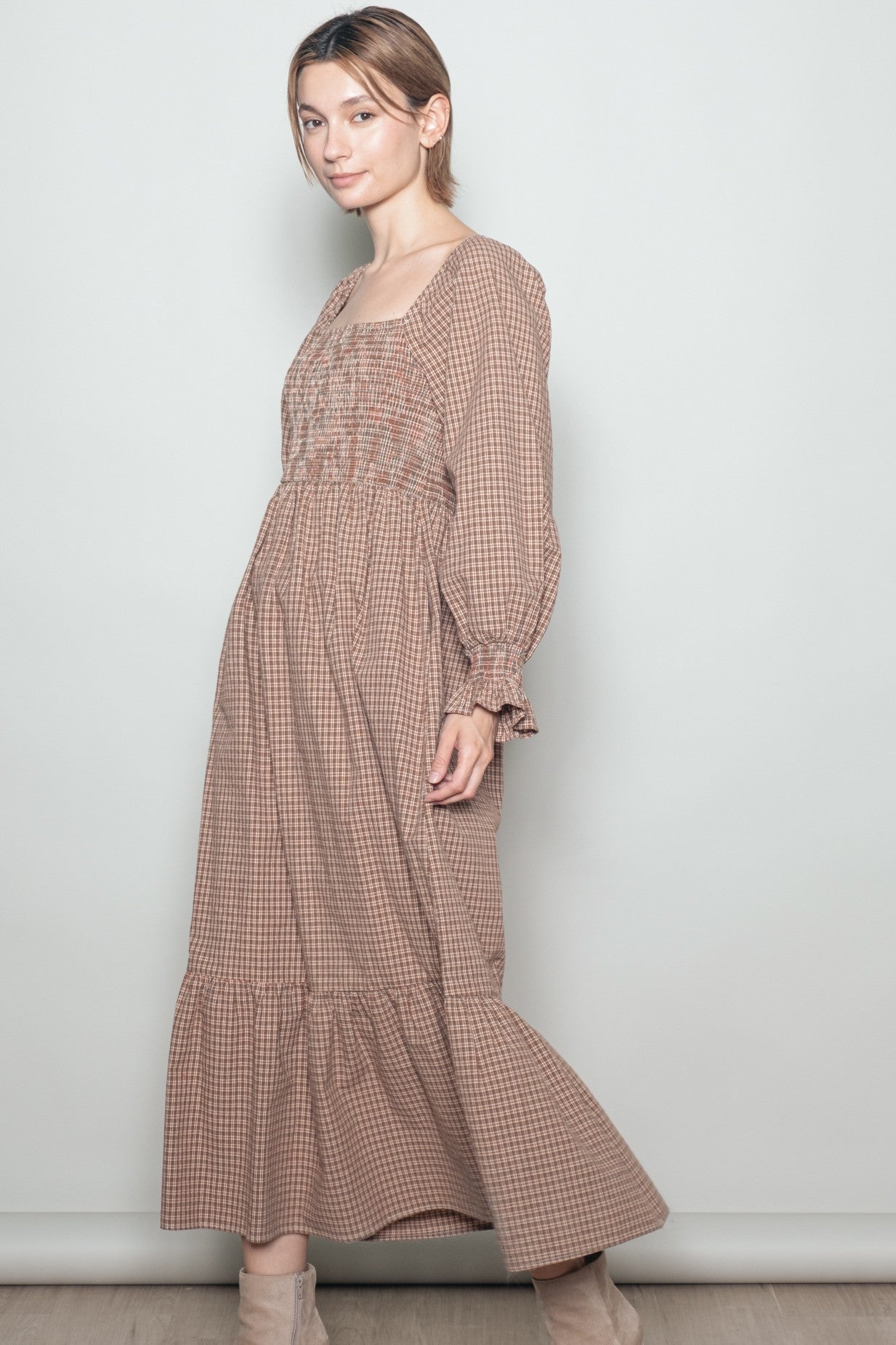 Chestnut Plaid Square Neck Long Sleeve Maxi Dress
