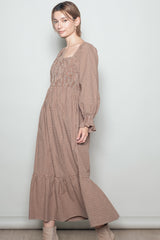 Chestnut Plaid Square Neck Long Sleeve Maxi Dress