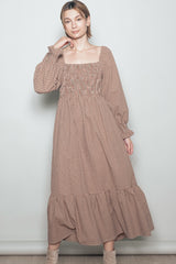 Chestnut Plaid Square Neck Long Sleeve Maxi Dress