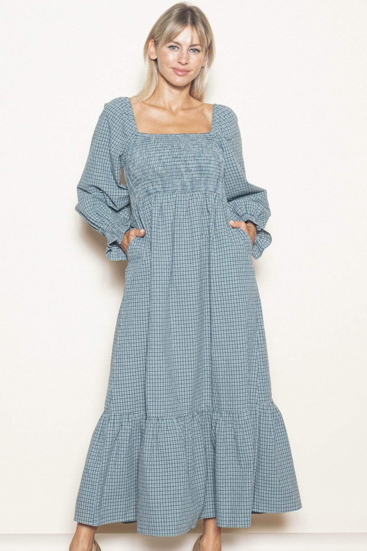 Dusty Blue Plaid Square Neck Long Sleeve Maxi Dress