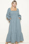 Dusty Blue Plaid Square Neck Long Sleeve Maxi Dress