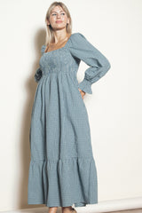 Dusty Blue Plaid Square Neck Long Sleeve Maxi Dress