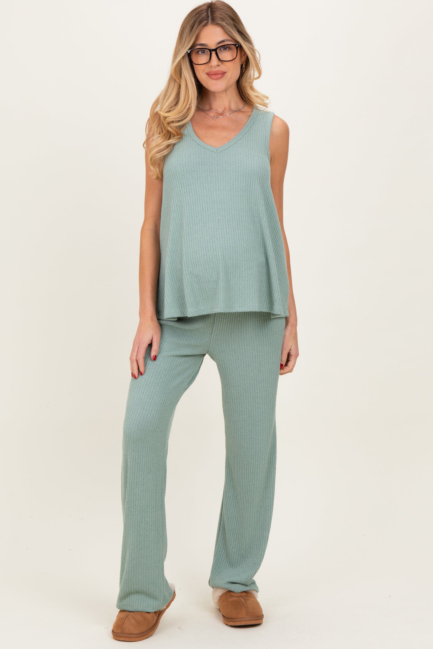 Sage Rib Knit Tank and Pant Maternity Set