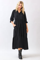 Black Collared Button Up Tiered Maternity Midi Dress