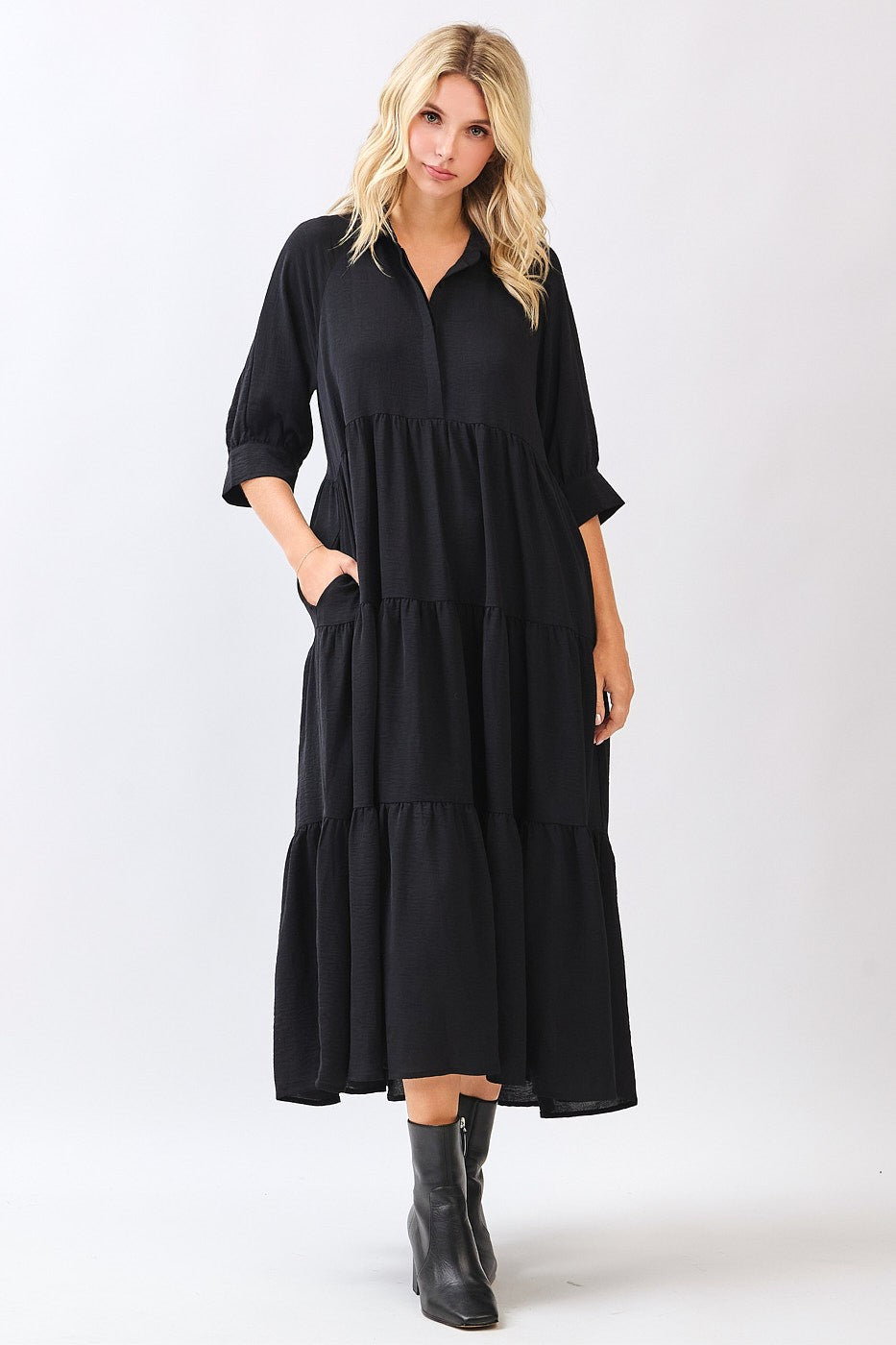 Black Collared Button Up Tiered Maternity Midi Dress