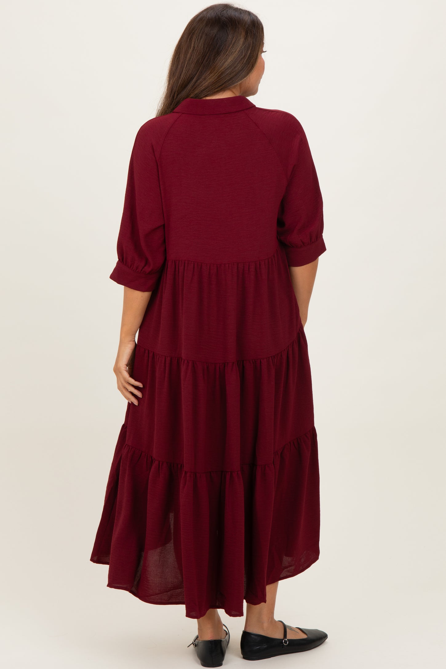 Wine Collared Button Up Tiered Maternity Midi Dress