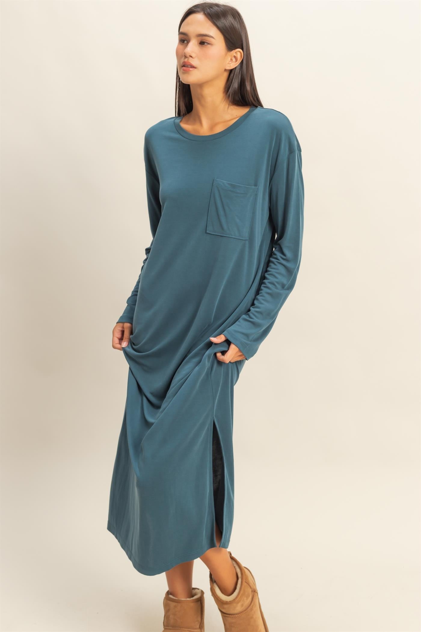 Teal Oversized Long Sleeve Midi Dress