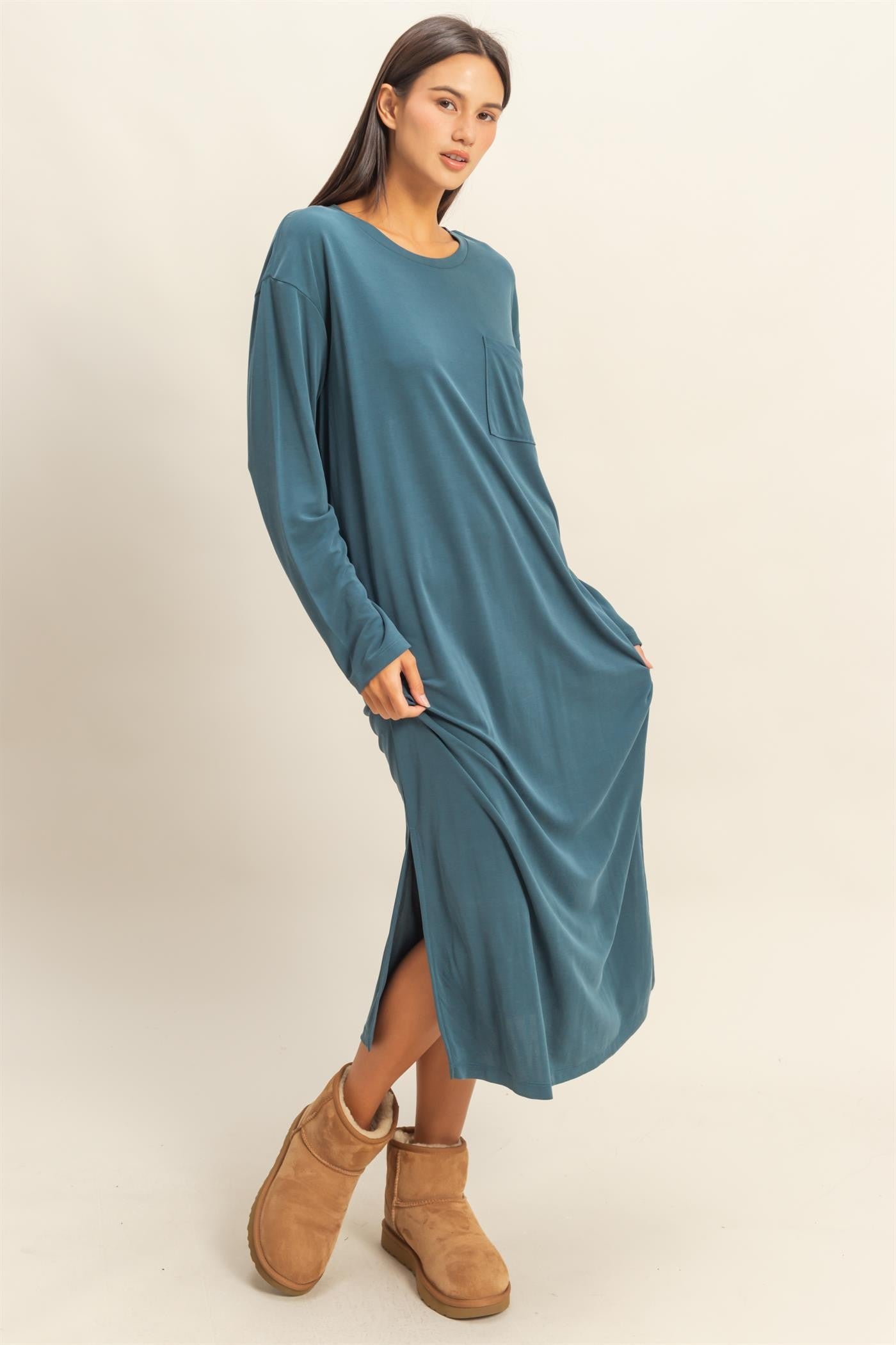 Teal Oversized Long Sleeve Midi Dress