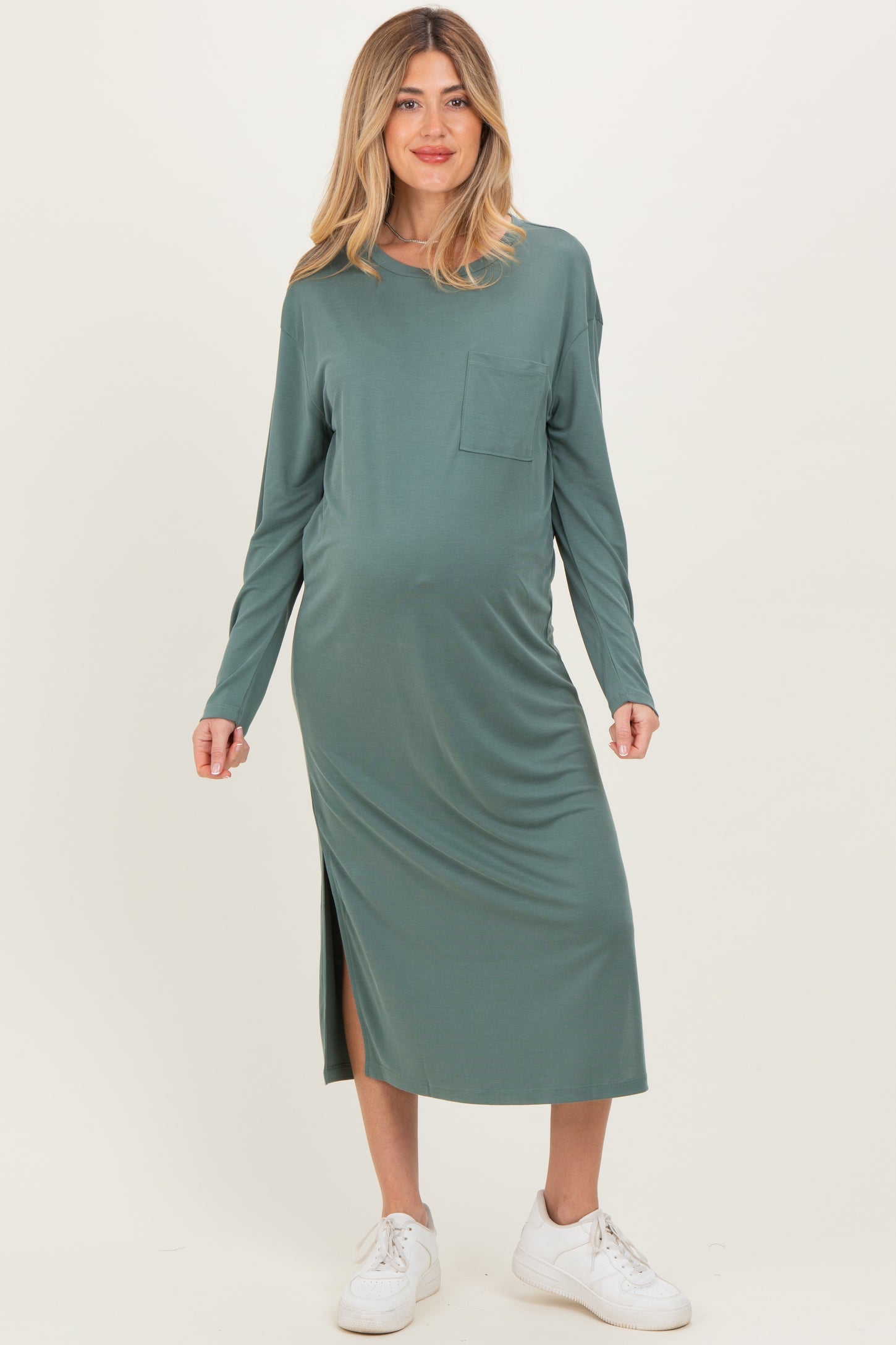 Light Olive Oversized Long Sleeve Maternity Midi Dress