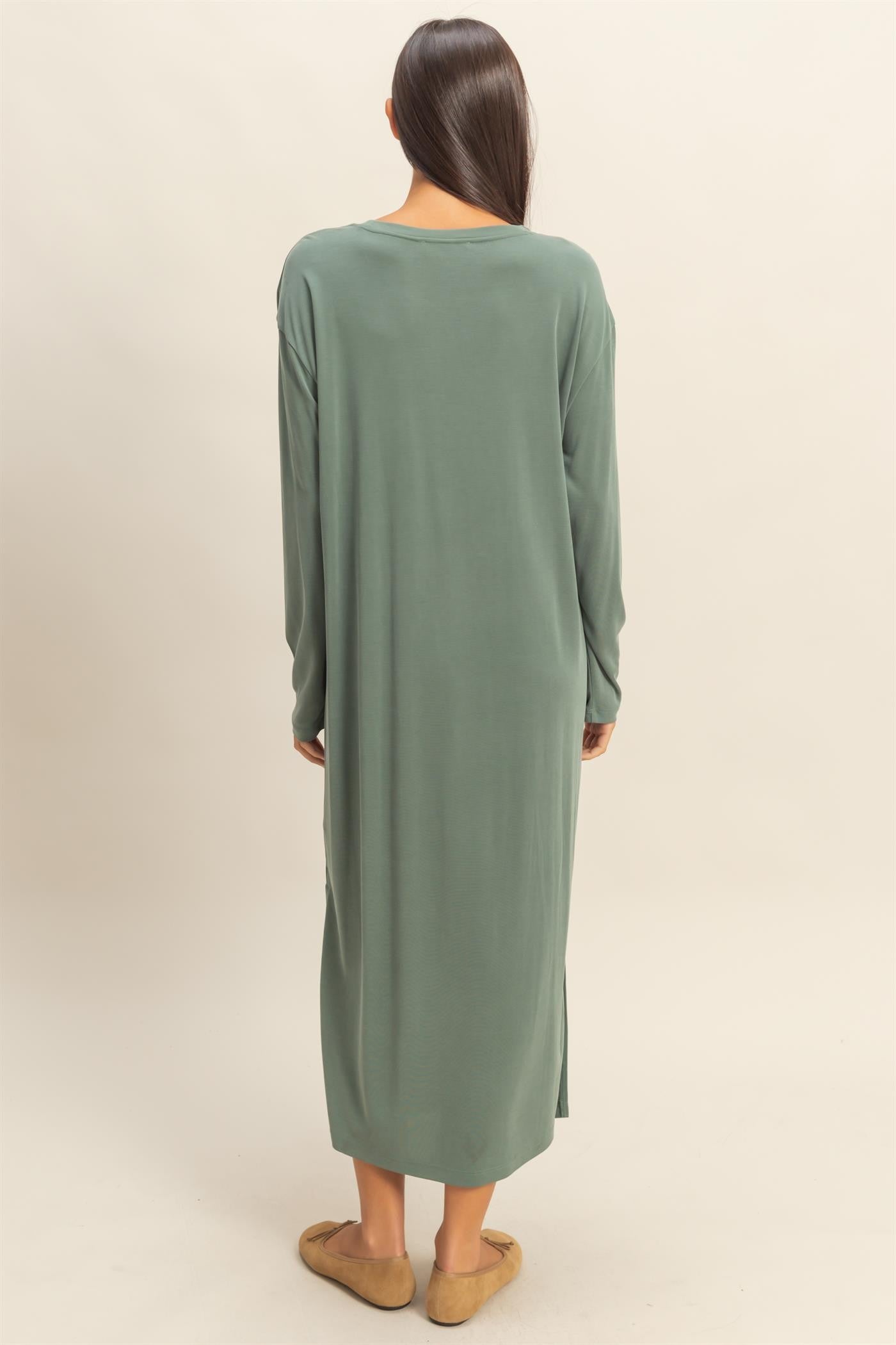 Light Olive Oversized Long Sleeve Midi Dress