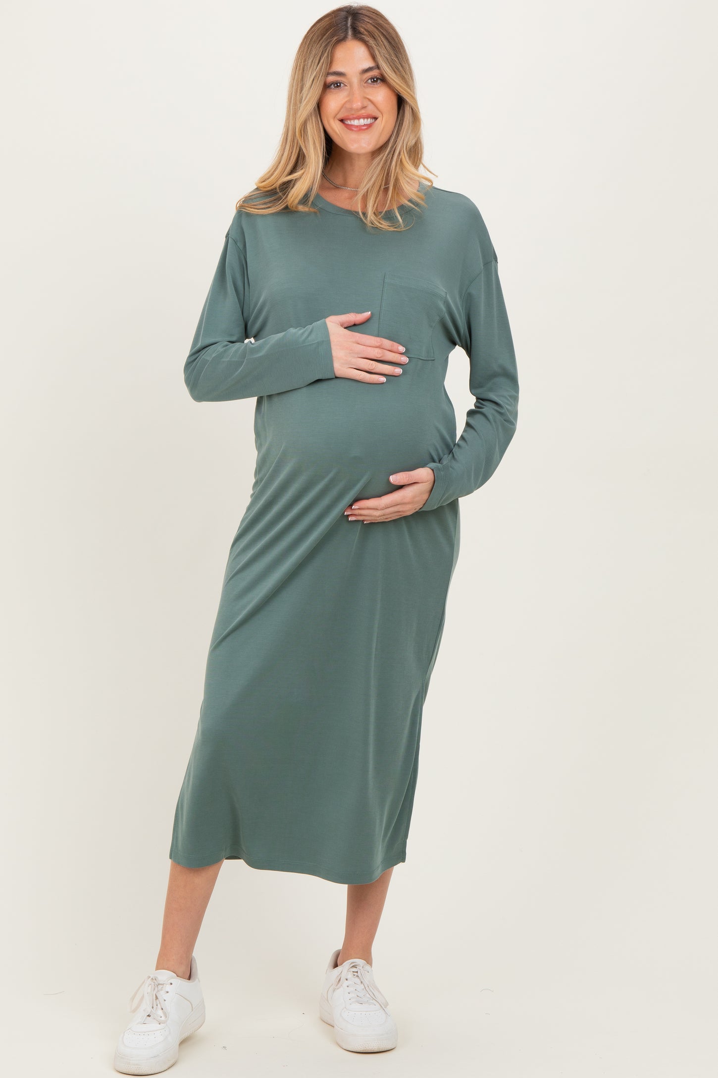 Light Olive Oversized Long Sleeve Maternity Midi Dress