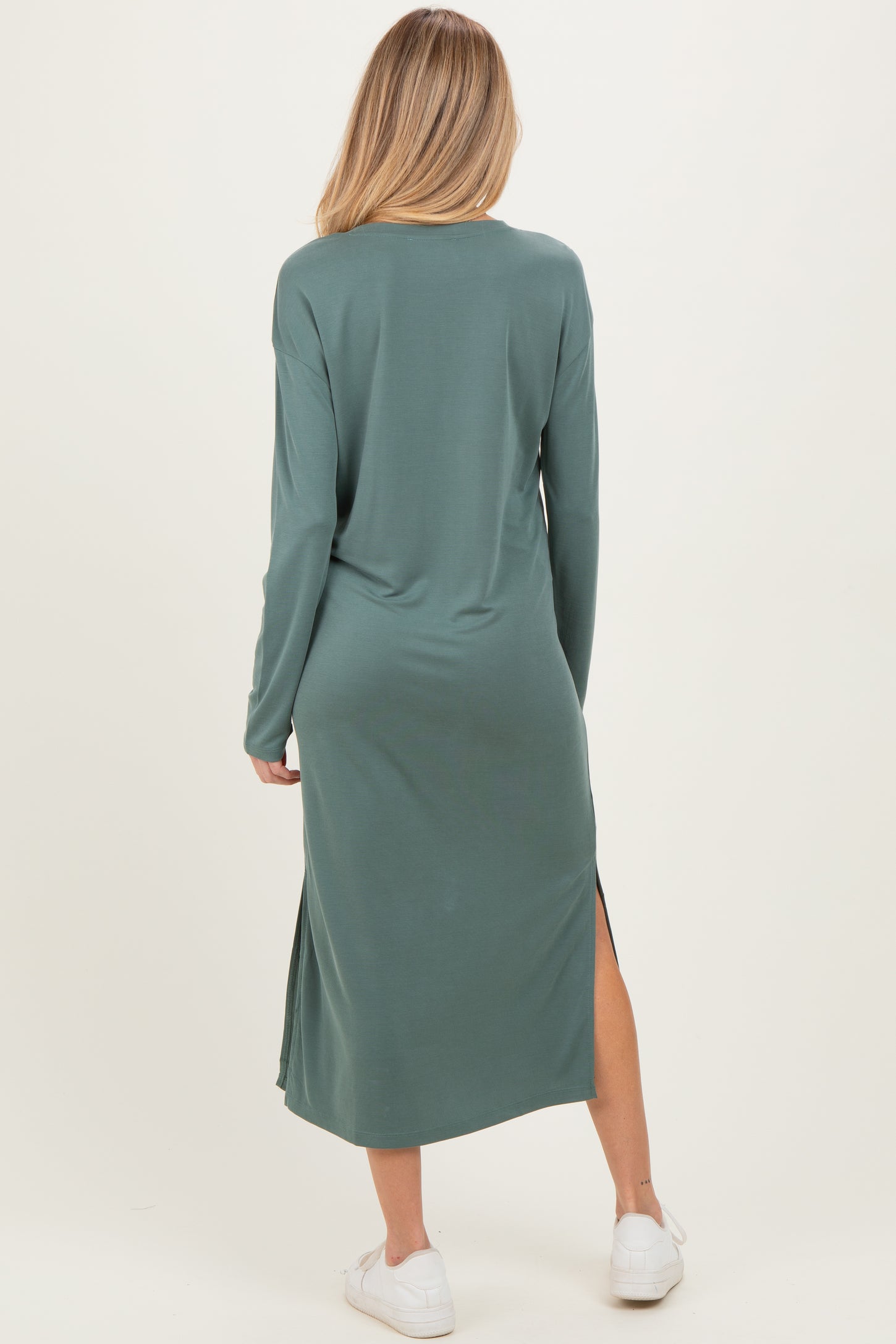 Light Olive Oversized Long Sleeve Maternity Midi Dress