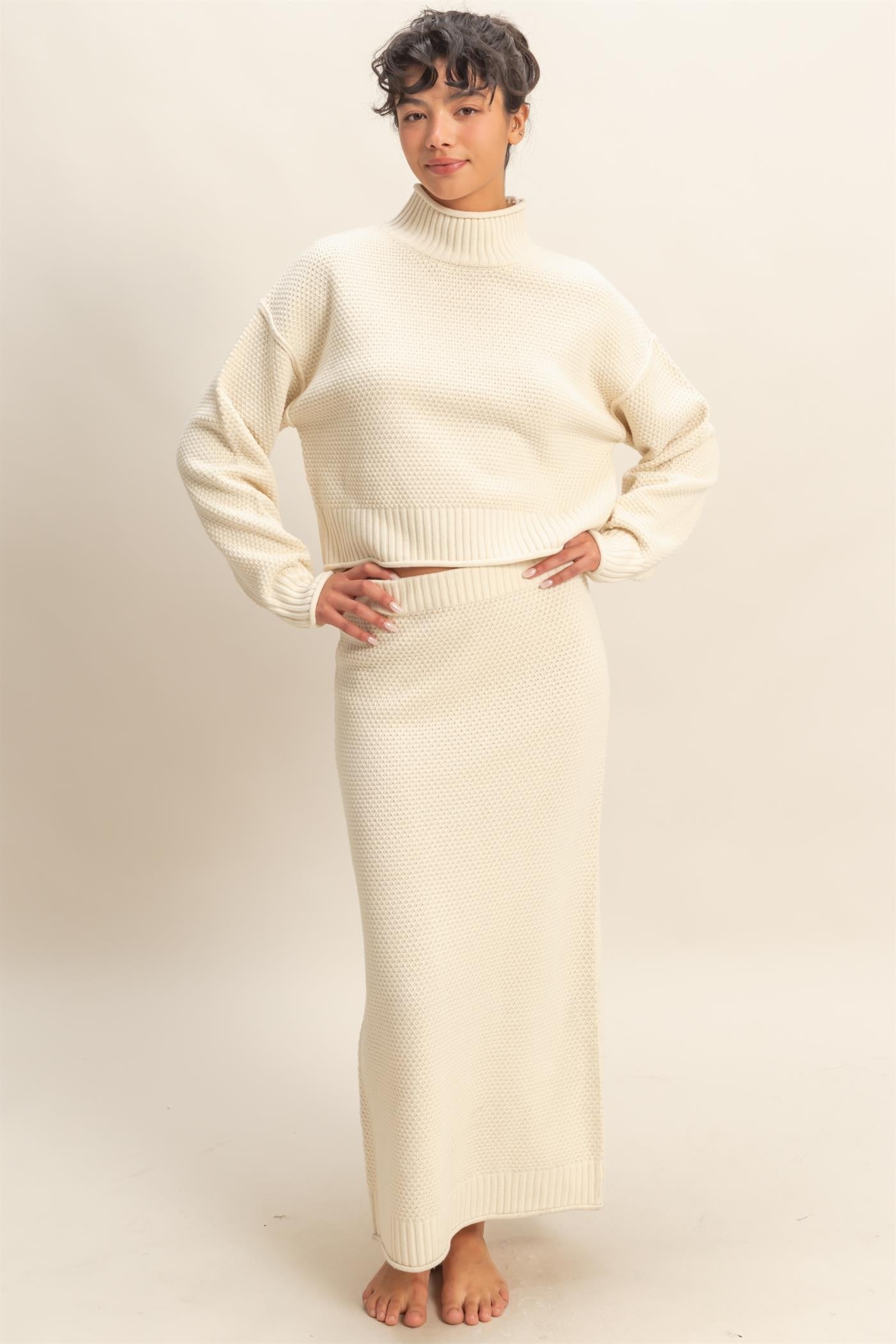 Cream Waffle Knit High Neck Sweater Skirt Set
