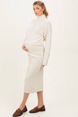 Cream Waffle Knit High Neck Sweater Skirt Maternity Set
