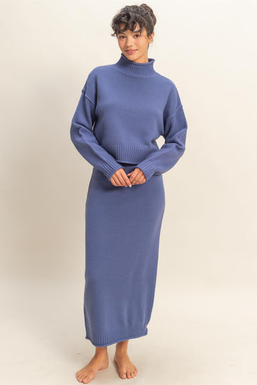 Dusty Navy Waffle Knit High Neck Sweater Skirt Set