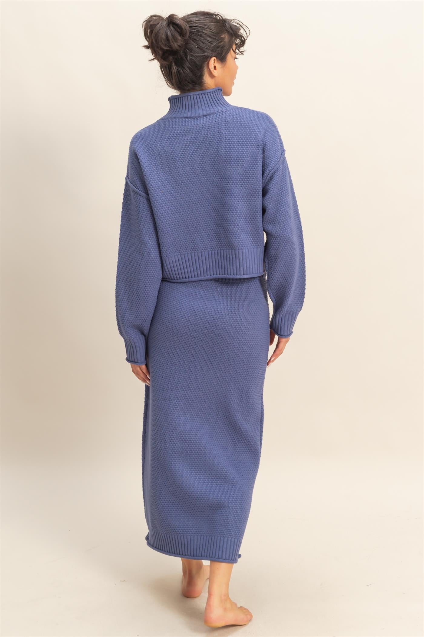 Dusty Navy Waffle Knit High Neck Sweater Skirt Set