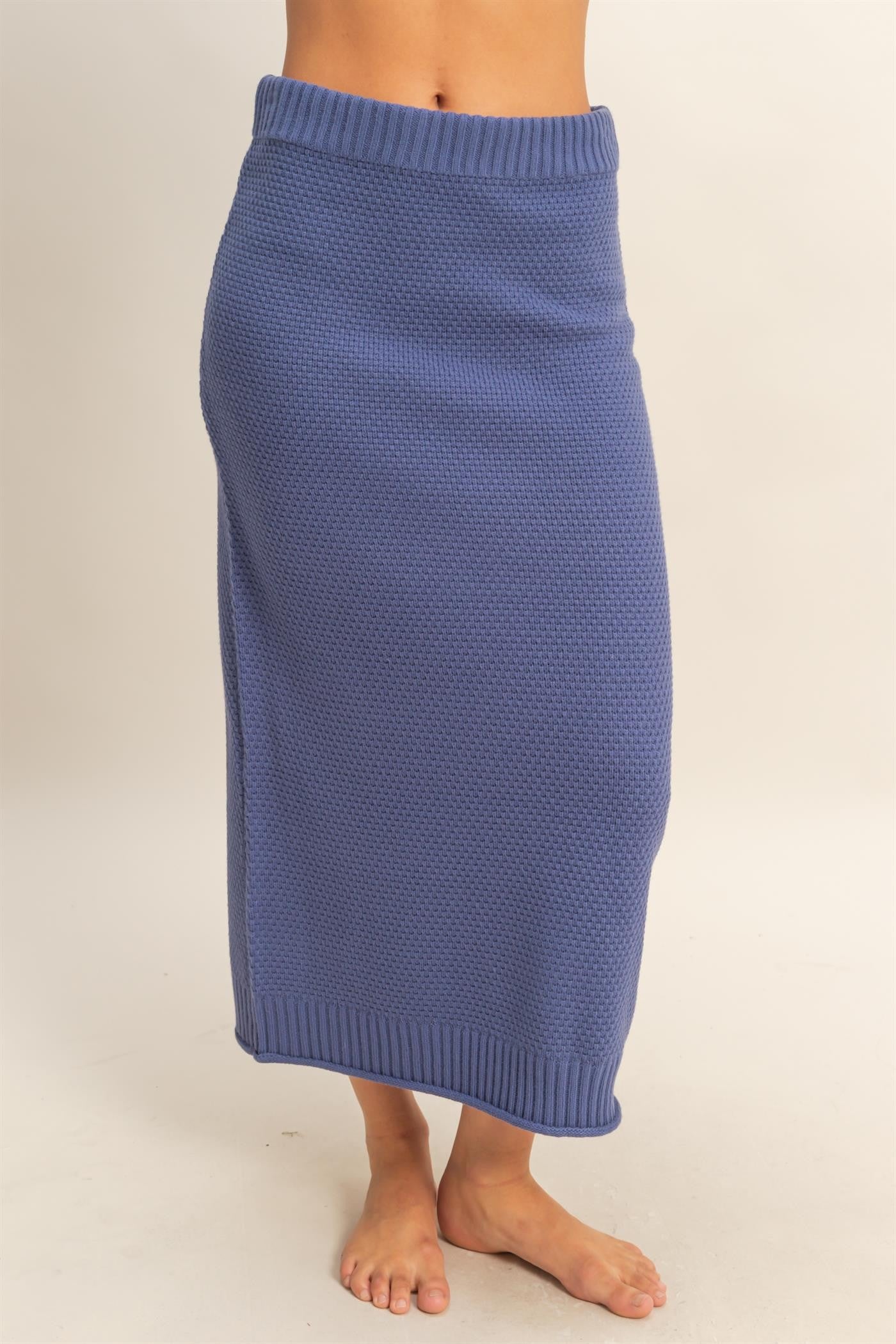 Dusty Navy Waffle Knit High Neck Sweater Skirt Set