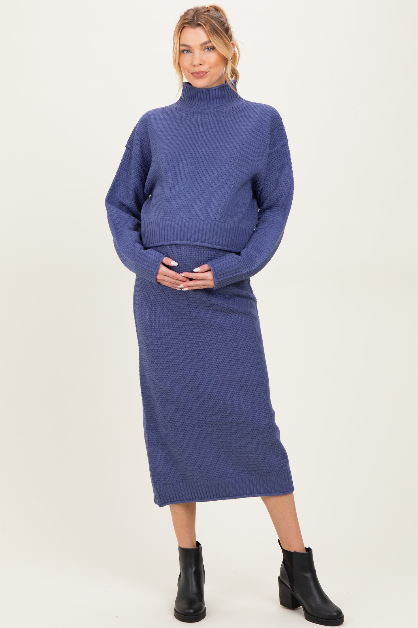 Dusty Navy Waffle Knit High Neck Sweater Skirt Maternity Set
