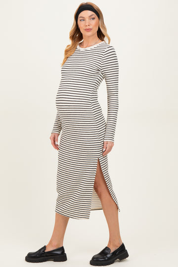 Cream Striped Long Sleeve Maternity Midi Dress